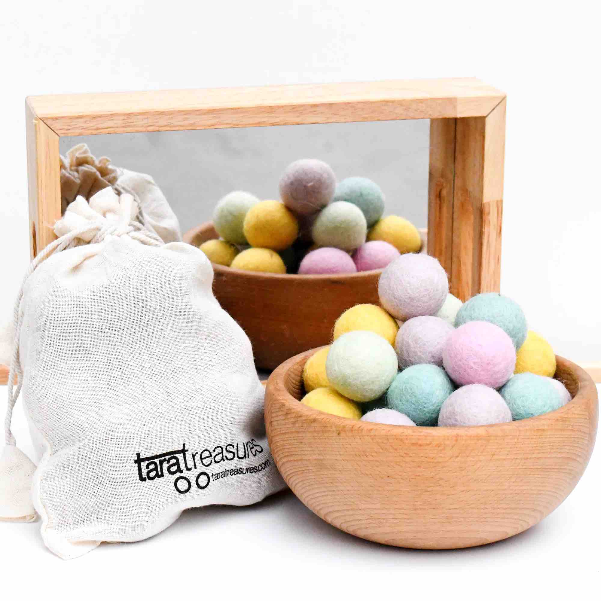 Tara Treasures - Wool Felt Balls in a Pouch - Pastel Colours 3cm 30 balls