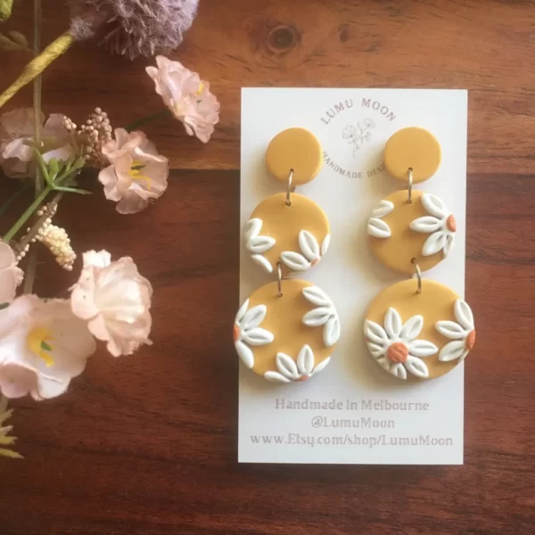 Lumu Moon - Yellow and Daisy Dangle Earrings ( Long Dangle )