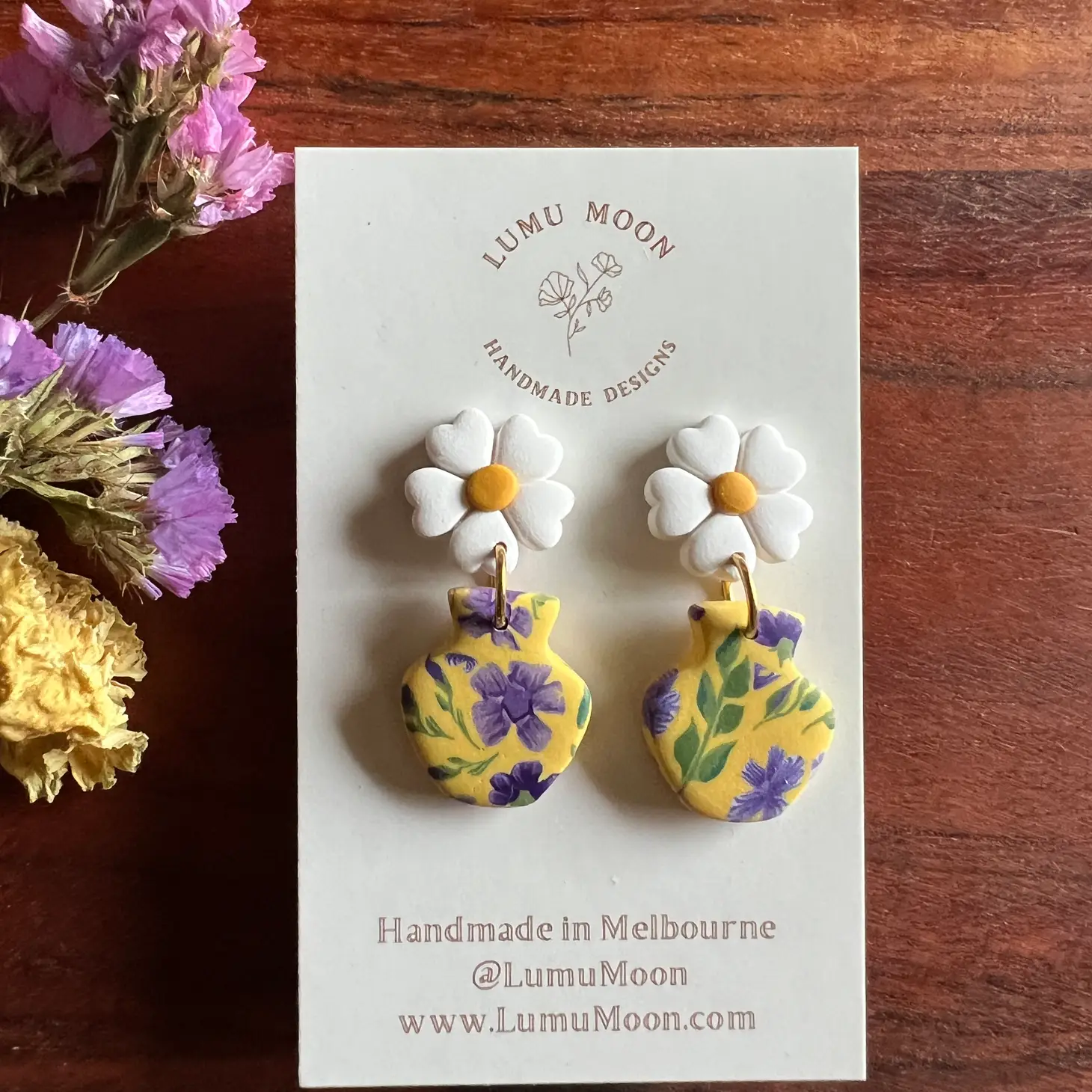 Lumu Moon - Yellow & Purple Floral Earrings - Vase with Flower