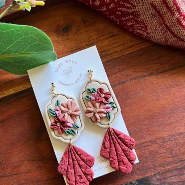 Lumu Moon - Red & Floral Bouquet Earrings - Long