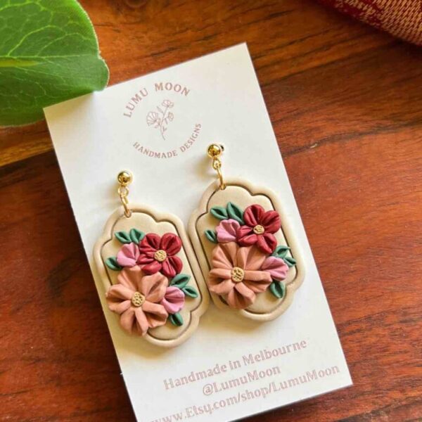 Lumu Moon - Red & Floral Bouquet Earrings - Short