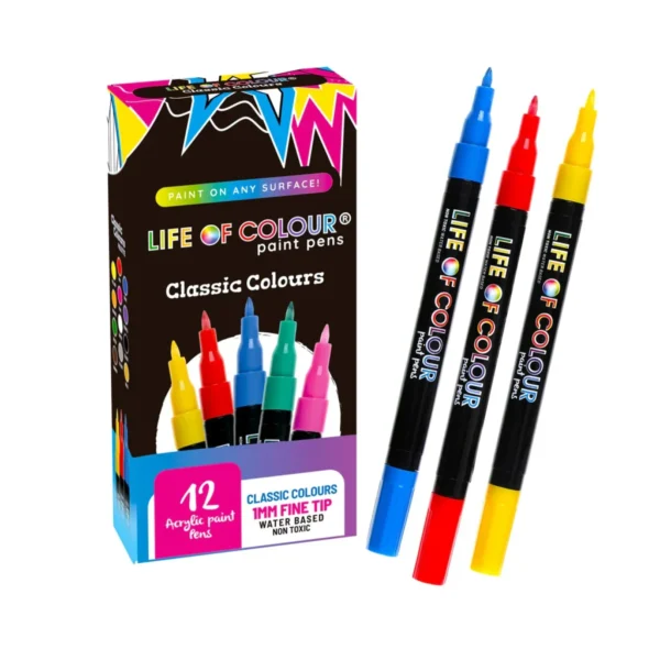 Life of Colour - Classic Colours 1mm Fine Tip Acrylic Paint Pens - Set of 12