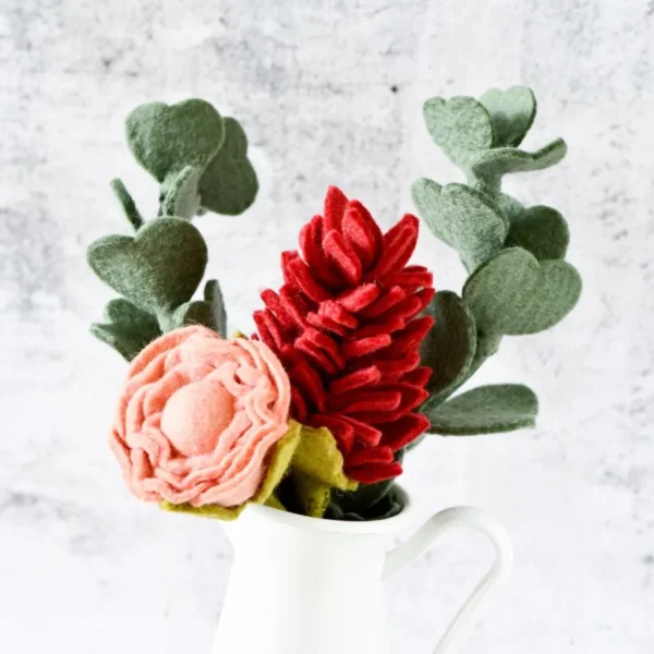 Tara Treasures - Felt Floral Bouquet - Alpinia, Peony and Eucalyptus Leaves