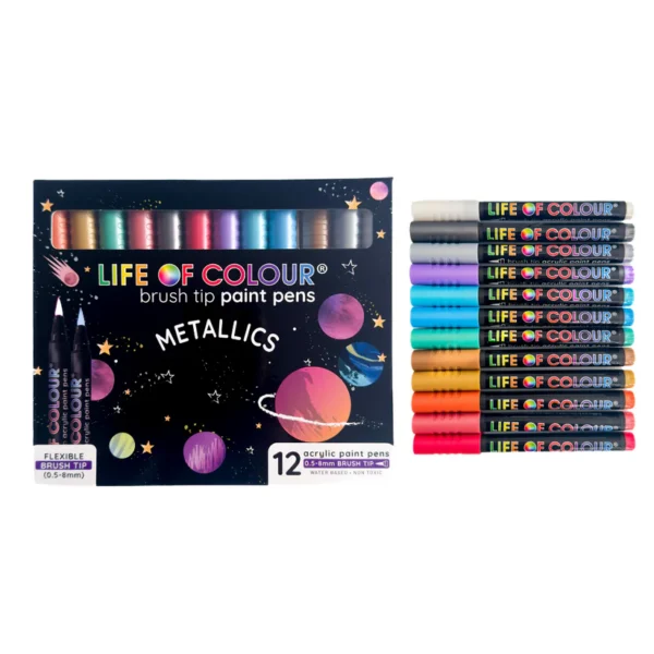 Life of Colour - Metallic Brush Tip Acrylic Paint Pens - Set of 12