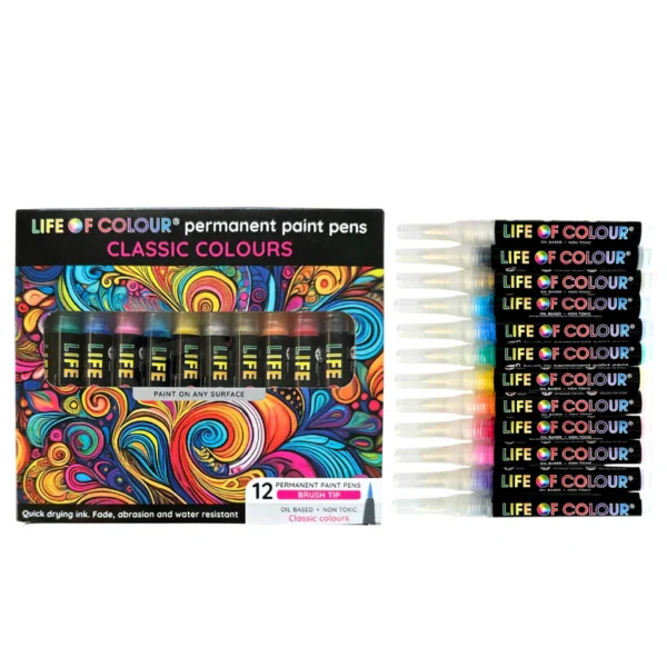 Life of Colour - Permanent Paint Pens Brush Tip - Set of 12 Classic Colours