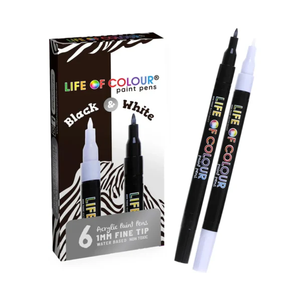 Life of Colour - Black and White 1mm Fine Tip Acrylic Paint Pens – Set of 6